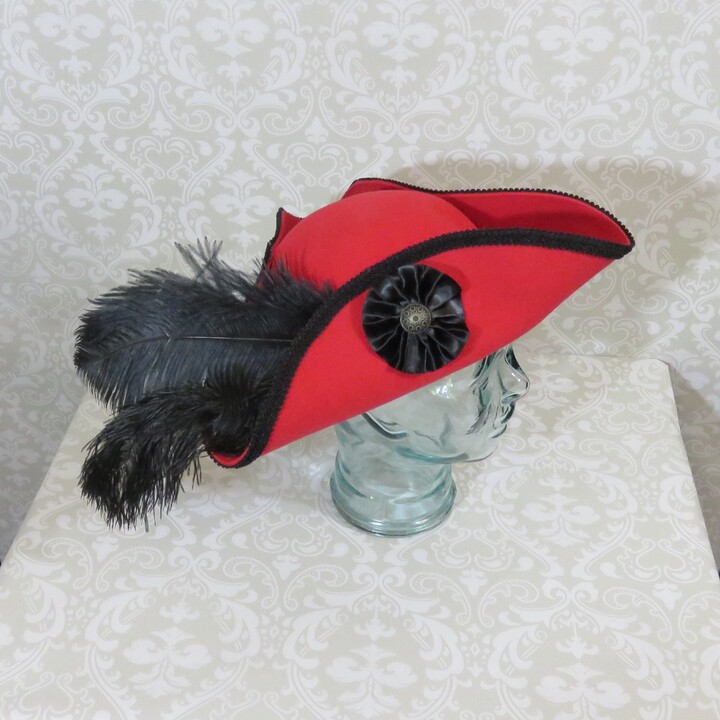 Etsy Red Pirate Hat - Classic Tricorn With Black Trim & Optional Cockade And/Or Feathers - 100% Wool