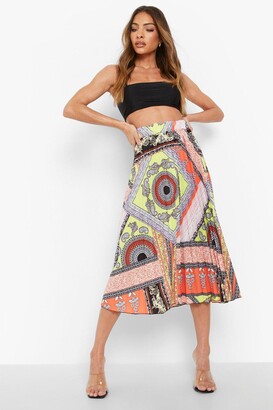 boohoo Scarf Print Pleated Longer Length Midi Skirt