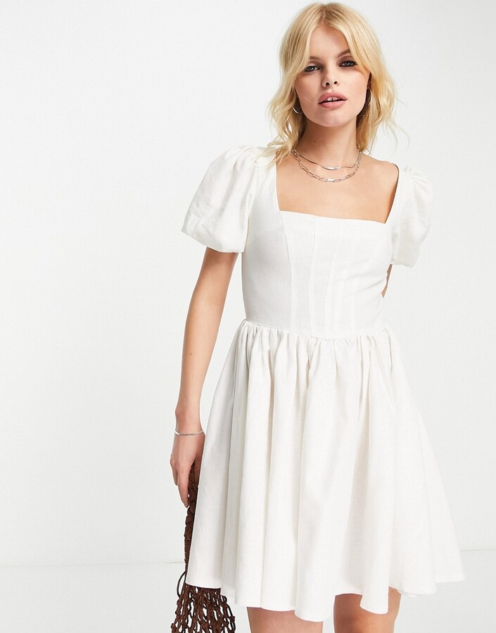 ASOS DESIGN corset linen mini skater dress with puff sleeve in white -  ShopStyle