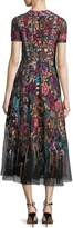 Thumbnail for your product : Valentino High-Neck Short-Sleeve Carpet-Embroidered Midi Dress