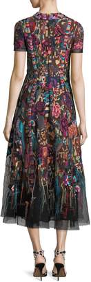Valentino High-Neck Short-Sleeve Carpet-Embroidered Midi Dress
