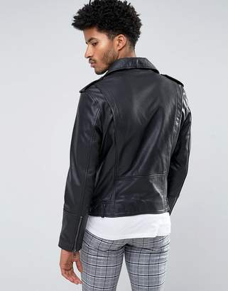 MANGO Man Leather Biker Jacket With Collar In Black