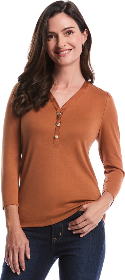 Rafaella Petite 3/4 Puff Sleeve V-Neck Top
