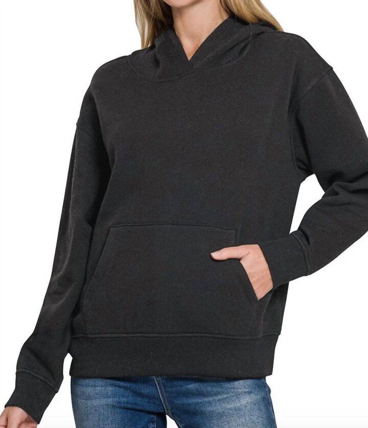 Zenana Cozy Fleece Hooded Sweatshirt In Black