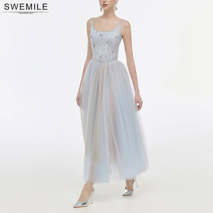 SWEMILE Elegant Light Blue Tulle Evening Dresses Beaded Crystal Spaghetti Strap A-Line Ankle-Length Prom Gowns Homecoming Dress