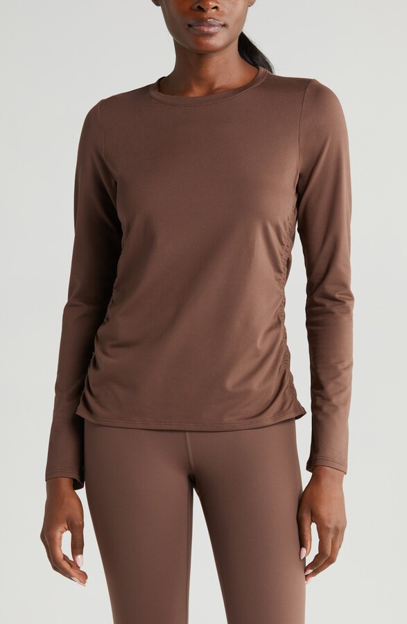 brown long sleeve moisture wicking t-shirt for layering winter outfit