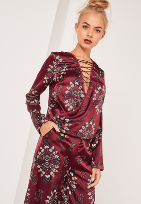 Missguided Lace Up Wrap Over Blouse Print Burgundy