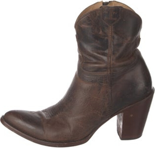 Lucchese Leather Ankle Western Boots Brown Semi-Pointed Toes with Studded Accents Exposed Zip Closure at Sides Designer