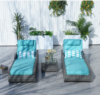 Direct Wicker 78" Long Reclining Chaise Lounge Set with Cushions and Table