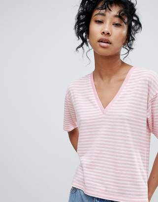 ASOS Design DESIGN Linen V-Neck T-Shirt In Stripe