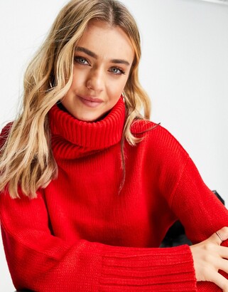Brave Soul cropped roll neck jumper in red