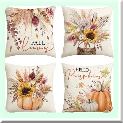BRBCA Autumn Harvest Wheat Cotton Pillow Covers - Set of 4, Fall Pumpkin Seasonal Cushion Case for Sofa Couch, Thanksgiving Decor