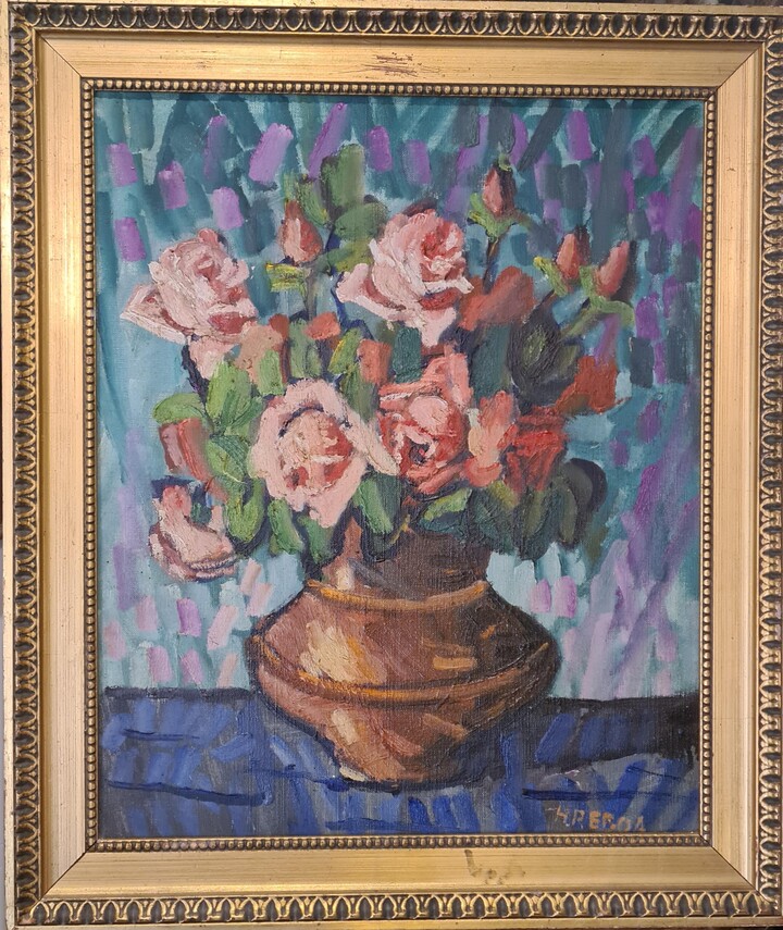Henri Reboa, Still Life of Roses in a Vase, Mid-Century French Oil on Canvas., Circa 1950's