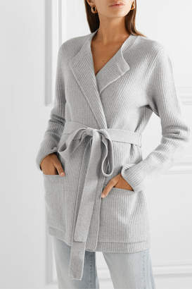 Brock Collection Belted Ribbed Wool And Cashmere-blend Cardigan - Light gray