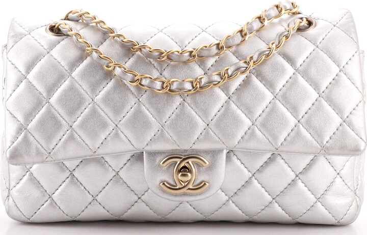 CHANEL Metallic Lambskin Quilted Maxi Single Flap Silver