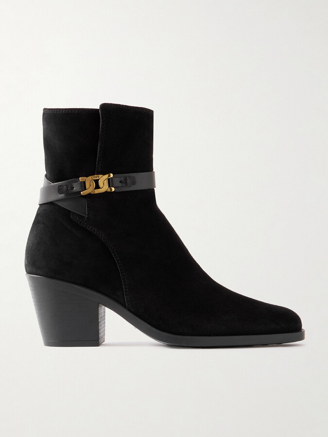 Tod's Embellished Leather-trimmed Suede Ankle Boots - Black