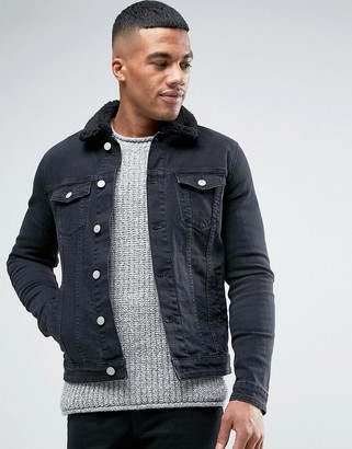 ASOS Skinny Denim Jacket With Fleece Collar in Black Wash
