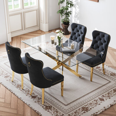Rectangular Glass Dining Set, 63" Modern Tempered Glass Dining Table With Velvet Upholstered Seats