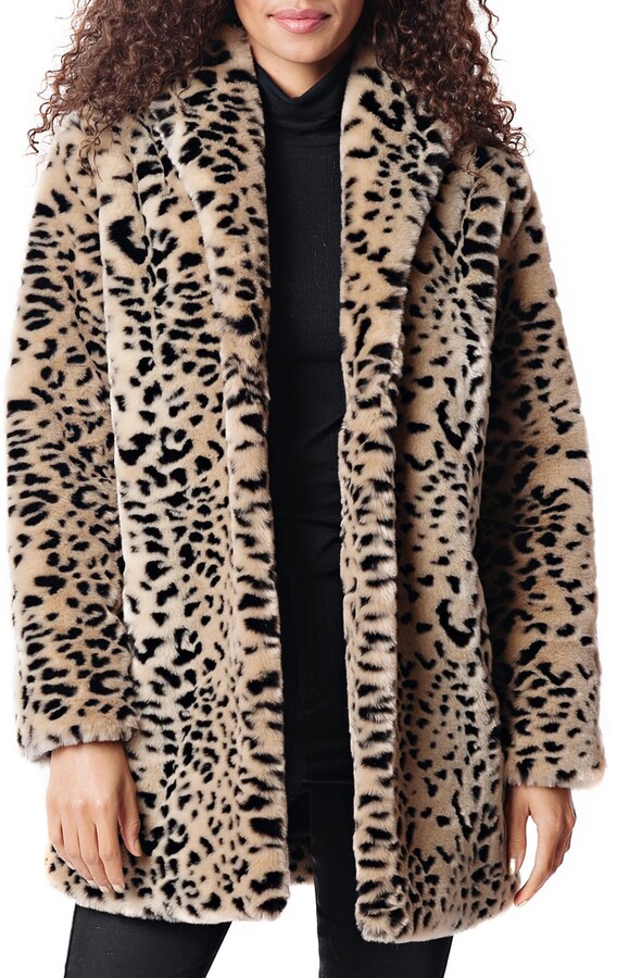 WM & MW Fashion Womens Leopard Faux Fur Coat Long Sleeve Full Zip Jacket Coat Casual Outwear Pocket 