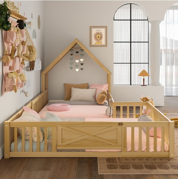 ModernLuxe FullKidsHouseFloorBed,DoubleTwinMontessoriBedFramewithDoor&Full-LengthGuardrails,Natural
