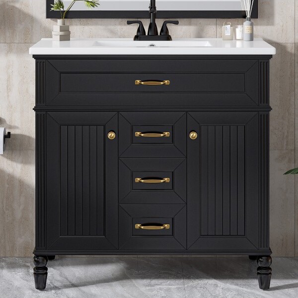 ModernLuxe 36"WBathroomVanitywithCeramicSink,FreestandingBathroomSinkCabinetwithFlip-OutTopDrawer&Soft-ClosingDoors,Black