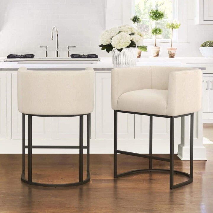LUE BONA 26 in.Cream and Black Low Back Bar Stool with Metal Frame Counter Height Linen Fabric Counter Stool(Set of 2)