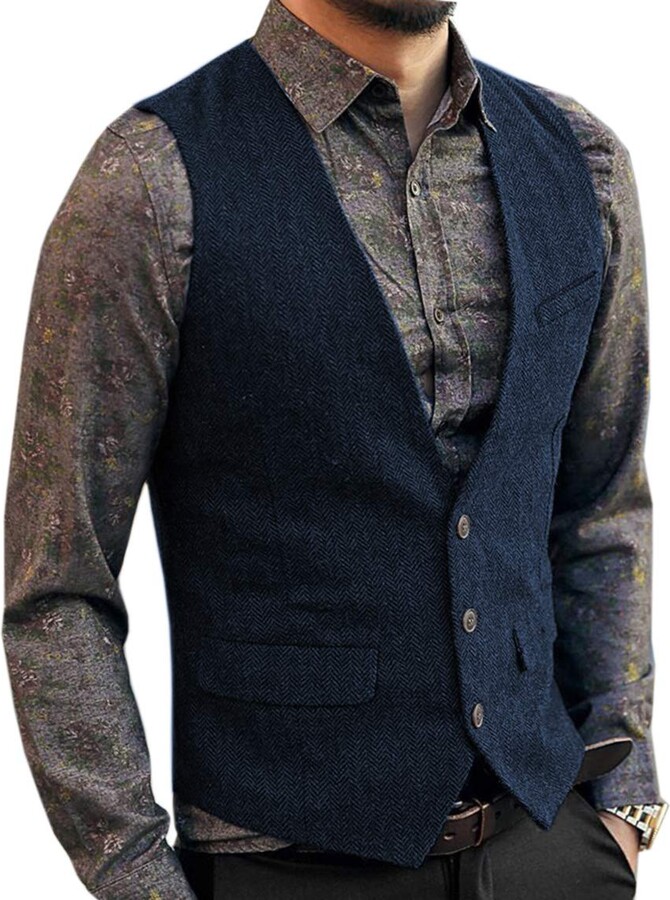 AeoTeokey Men's Tweed Vintage Suit Vest Casual Herringbone Wool Wedding ...