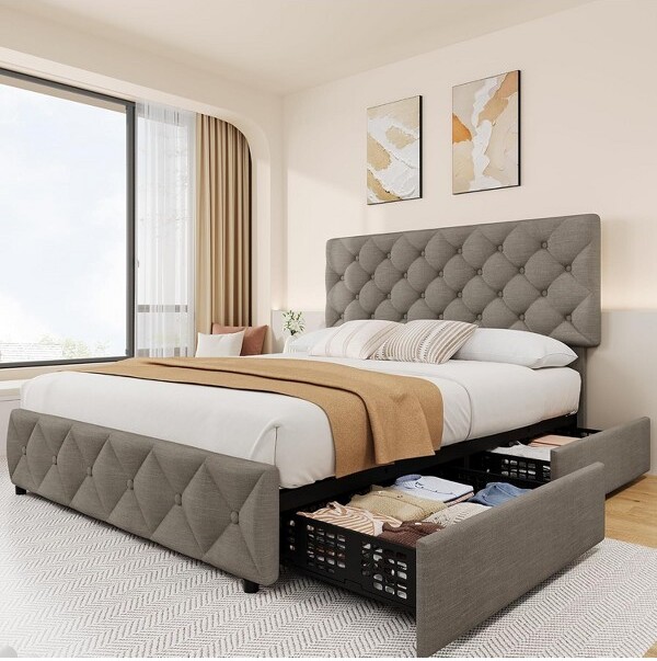 TruAIR LinenUpholsteredPlatformBedFramewith4StorageDrawers&ButtonTuftedHeadboard–NoBoxSpringNeededDiamondStitchedDesign