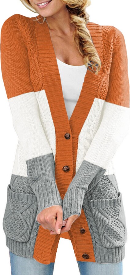 Reukree Womens Button Dwon Cardigan Comfy Cardigan Sweater for Women  Oversized Jumper V Neck Cardigan Knitwear Open Front Cardigan A - Colour  Block Orange Large - ShopStyle