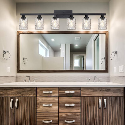 Hokku Designs Modern 6-Light Vanity Wall Sconce With Clear Glass Shades - Black Finish Bathroom Lighting Fixture For Wall Mounting