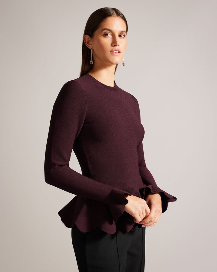 Ted Baker Long Sleeve Scalloped Peplum Top in Dark Red - ShopStyle