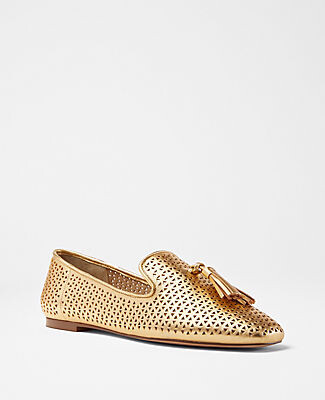 Ann Taylor Perforated Metallic Leather Tassel Loafer Flats