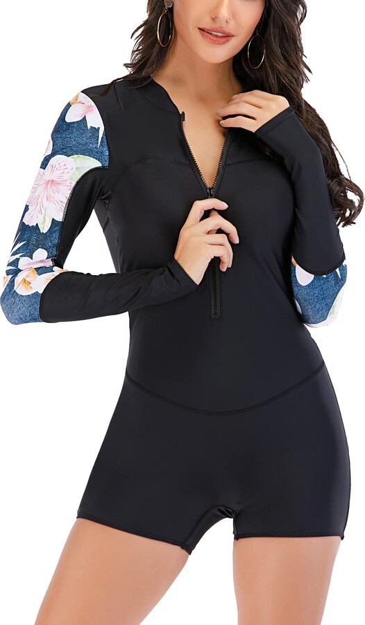 YoYogini Womens One Piece Rash Guard Zip Up Swimsuit Long Sleeve Boyleg