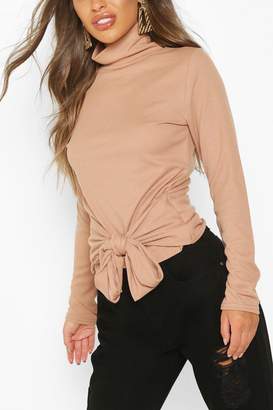boohoo Petite Knitted Rib Roll Neck Tie Front Jumper