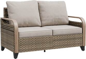 Latitude Run Outdoor Patio Brown Wicker Wood Grain Armrest Dining Loveseat with Cushion