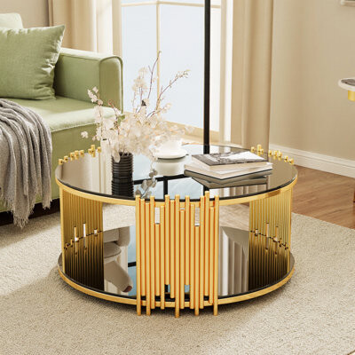 Latitude Run Modern Minimalist Round Coffee Table with Black Glass Top, Sturdy Stainless Steel Base