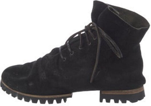 Marsèll Suede Ankle Combat Boots Black Colorblock Pattern Round-Toes Wrap-Around Straps & Lace-Up Closure at Uppers Designer