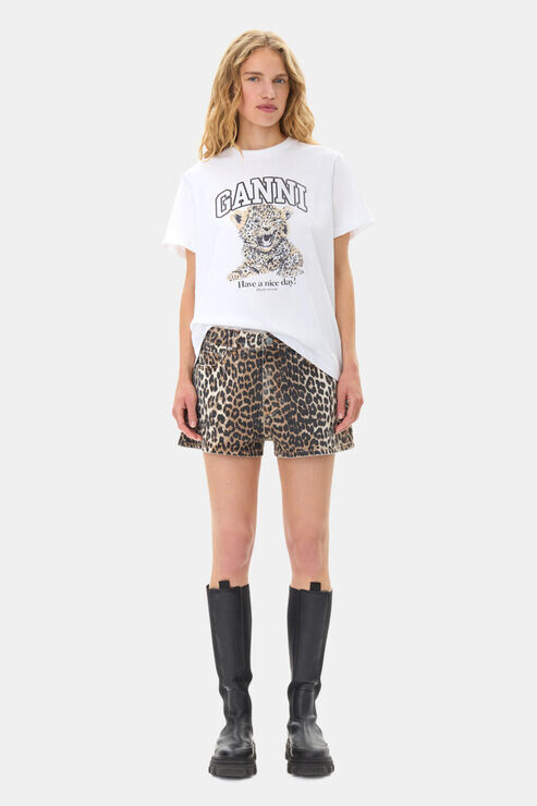 Ganni Leopard Denim Shorts