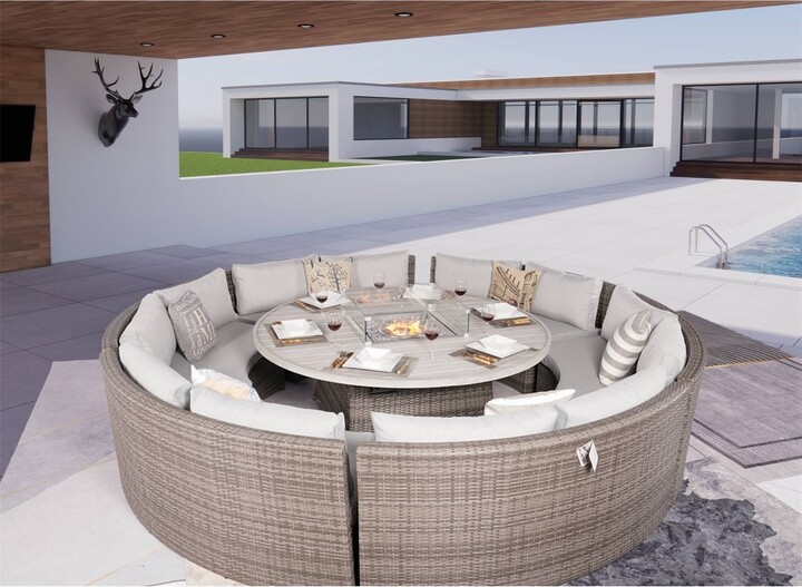 7pc Outdoor Set with Round Wicker Sectional Sofa & Round Gas Fire Pit