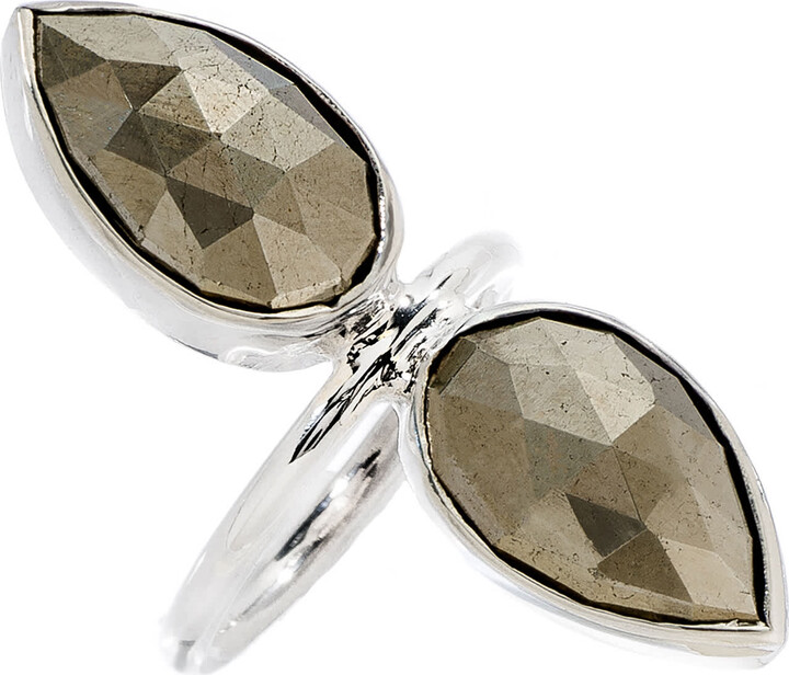 Heather Hawkins Jewelry Gold Double Lotus Beauty Semi-Precious Custom Cut Gemstone Ring - Sterling Silver - Pyrite