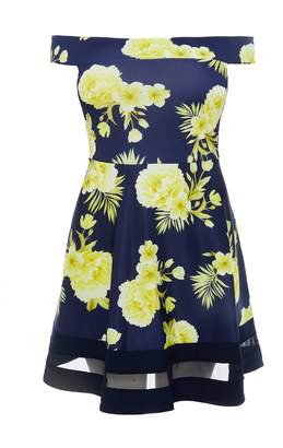 Quiz Curve Navy & Yellow Floral Bardot Skater Dress