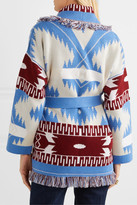 Thumbnail for your product : Alanui Belted Fringed Cashmere-jacquard Cardigan - Blue