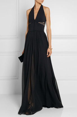 Elie Saab Lace-trimmed Stretch-knit And Chiffon Gown - Black
