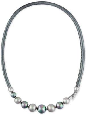 Majorica Silver-Tone Gray Imitation Pearl Leather Collar Necklace