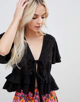 Thumbnail for your product : ASOS Petite DESIGN Petite Lace Insert Tie Front Top With Ruffle Hem