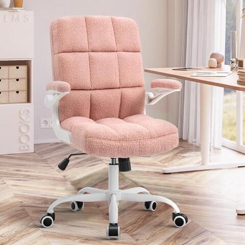 AUTECH SEATZONE Pink Office Chair Home Office Desk Chairs with Flip-up Armrest, Rolling Desk Chair with Wheels, Faux Fur Computer Chairs Adjustable...