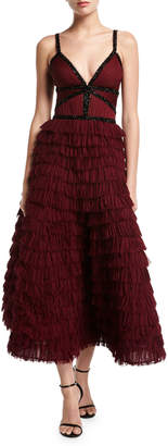 J. Mendel V-Neck Tiered Ruffle Gown