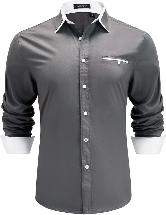 HISDERN Men's Casual Formal Shirts Button Down Long Sleeve Business Dress  Shirt Double Collar Regular Fit (Grey - ShopStyle