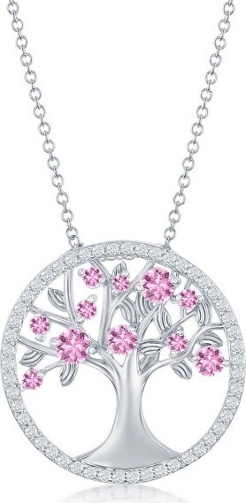 Bella Silver BellaSilverSterlingSilver'October'BirthstoneTreeofLifeNecklace-PinkCZ-Pink-16+2Inch