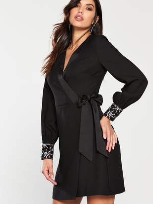 Warehouse Star Embellished Cuff Mini Wrap Dress - Black